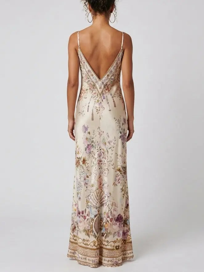 Floral Medallion Print Silk Slip Maxi Dress - Dresses
