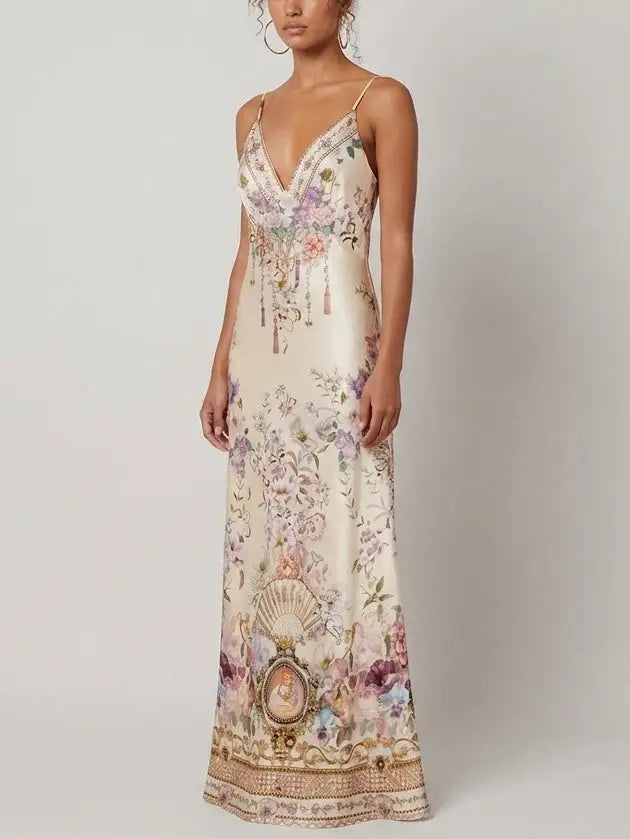 Floral Medallion Print Silk Slip Maxi Dress - Dresses
