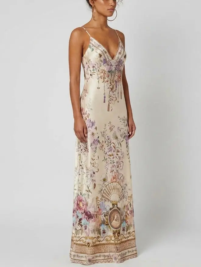 Floral Medallion Print Silk Slip Maxi Dress - Dresses