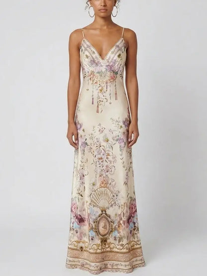 Floral Medallion Print Silk Slip Maxi Dress - Dresses