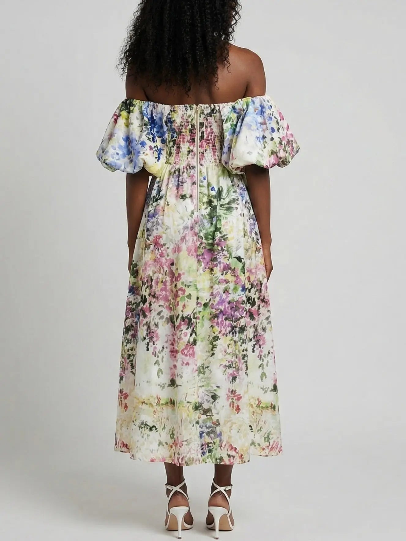 Floral Off-Shoulder Puff-Sleeve Gathered Dress - Dresses