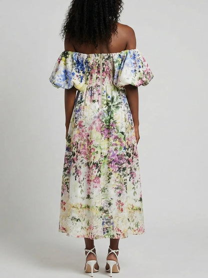 Floral Off-Shoulder Puff-Sleeve Gathered Dress - Dresses