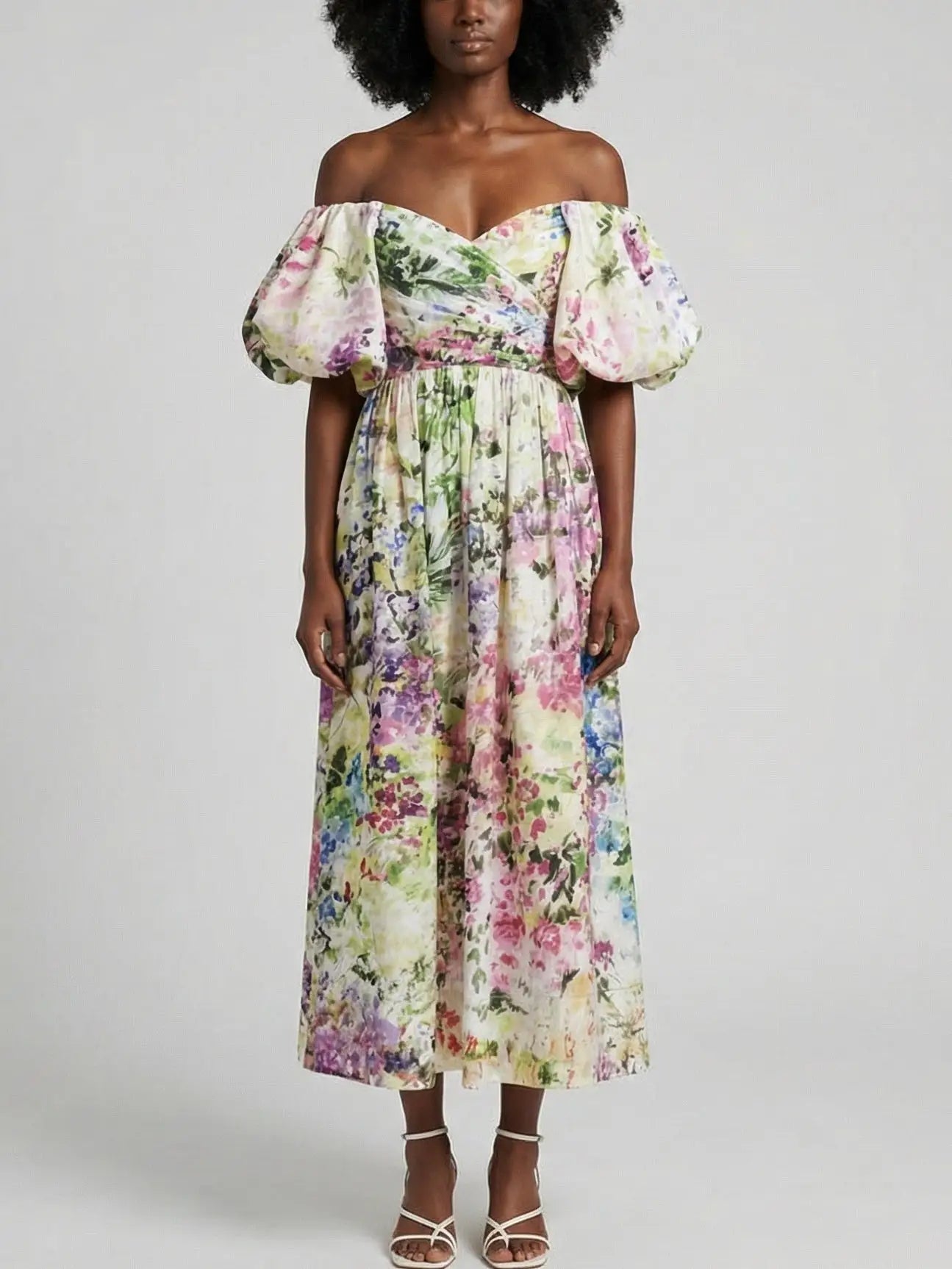 Floral Off-Shoulder Puff-Sleeve Gathered Dress - Dresses