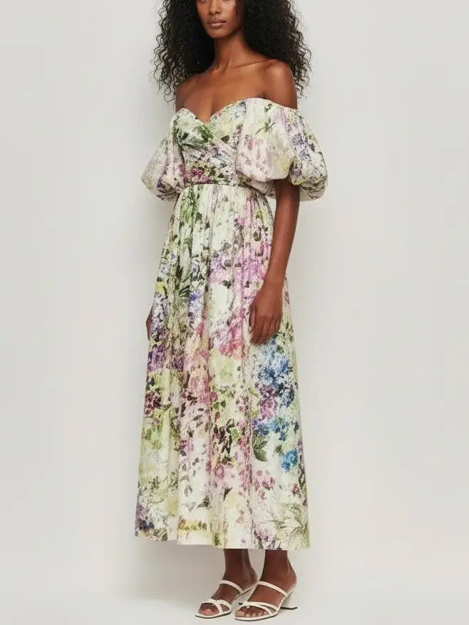 Floral Off-Shoulder Puff-Sleeve Gathered Dress - Dresses