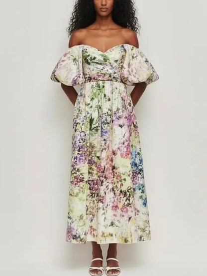 Floral Off-Shoulder Puff-Sleeve Gathered Dress - Dresses