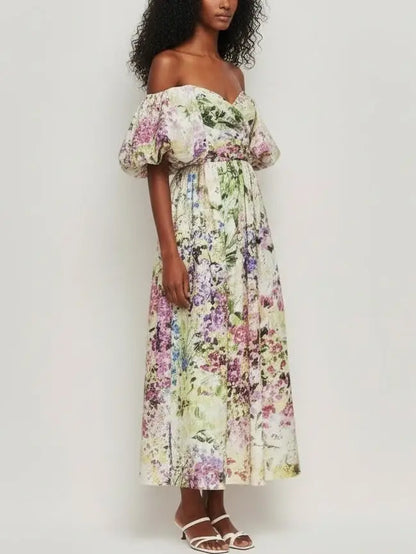 Floral Off-Shoulder Puff-Sleeve Gathered Dress - Dresses