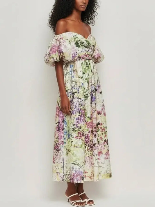 Floral Off-Shoulder Puff-Sleeve Gathered Dress - Dresses