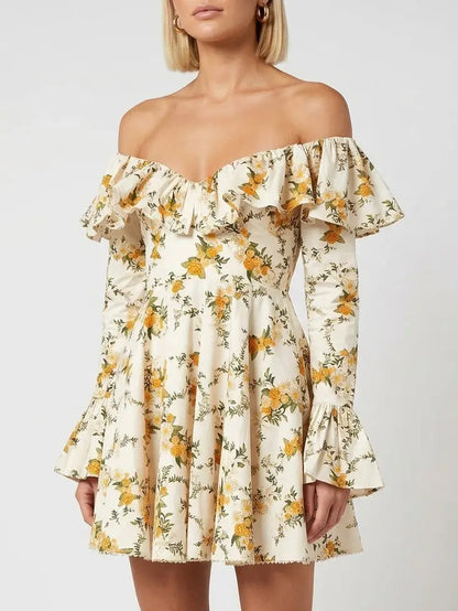 Floral Off-Shoulder Ruffle V-Neck Cotton Mini Dress - Dresses