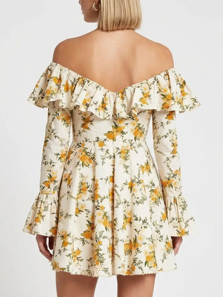 Floral Off-Shoulder Ruffle V-Neck Cotton Mini Dress - Dresses