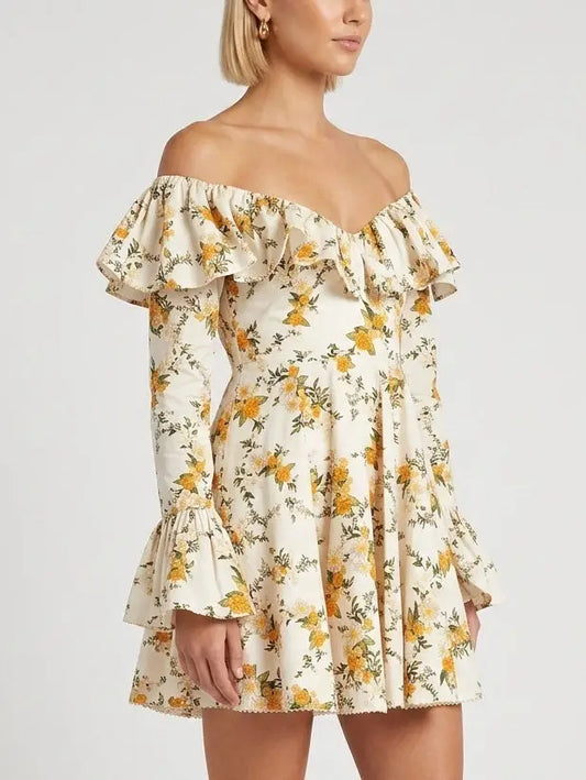 Floral Off-Shoulder Ruffle V-Neck Cotton Mini Dress - Dresses