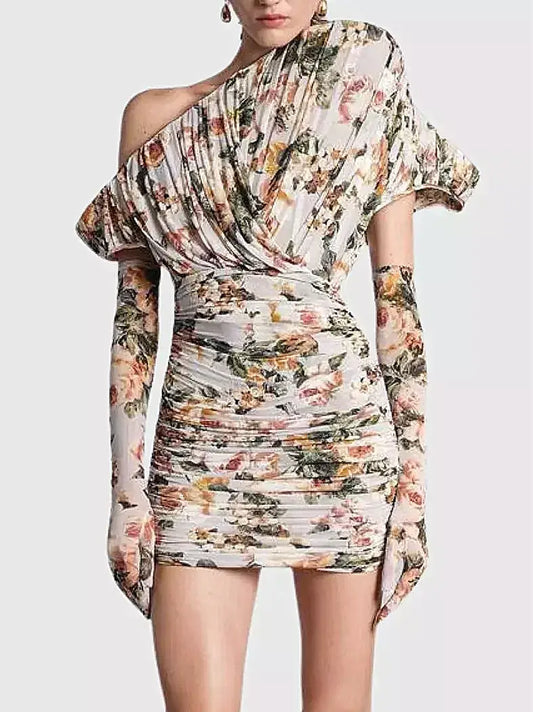 Floral One-Shoulder Draped Ruched Mini Dress - Small - Dresses
