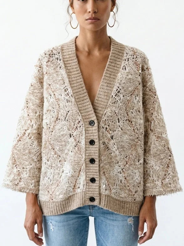 Floral Open Knit Mohair Cardigan with Sequin Details - Small / Khaki Beige - Sweaters & Knitwear