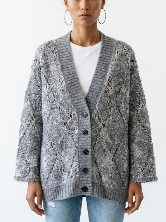 Floral Open Knit Mohair Cardigan with Sequin Details - Sweaters & Knitwear