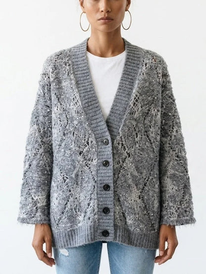 Floral Open Knit Mohair Cardigan with Sequin Details - Sweaters & Knitwear