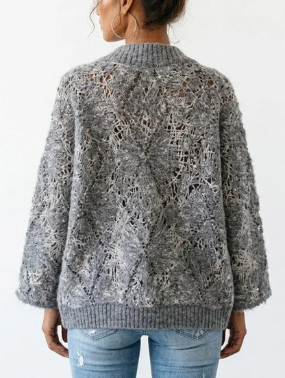 Floral Open Knit Mohair Cardigan with Sequin Details - Sweaters & Knitwear