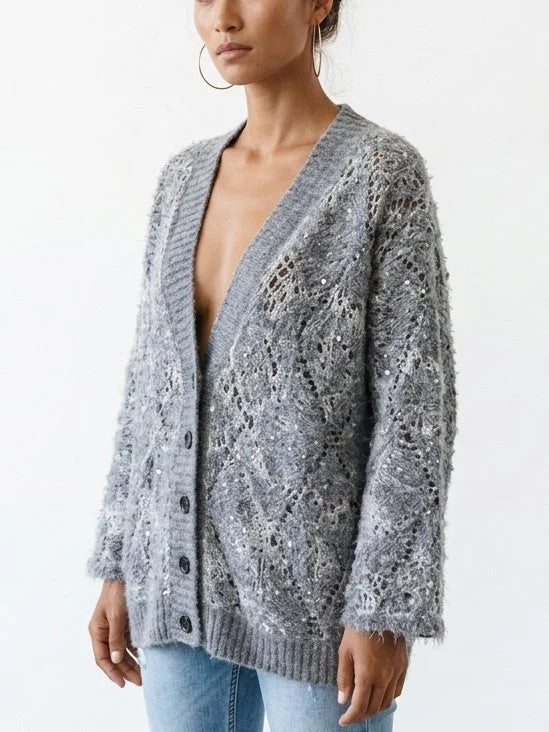 Floral Open Knit Mohair Cardigan with Sequin Details - Sweaters & Knitwear