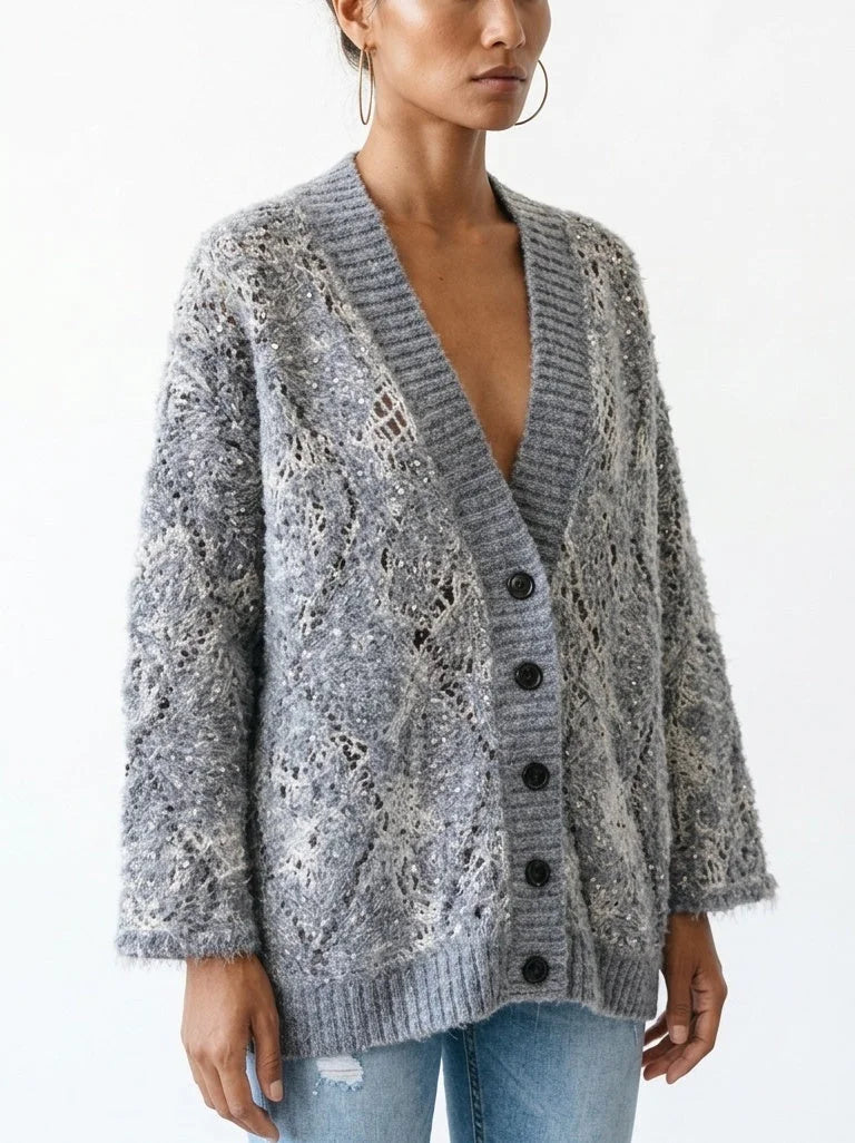 Floral Open Knit Mohair Cardigan with Sequin Details - Sweaters & Knitwear