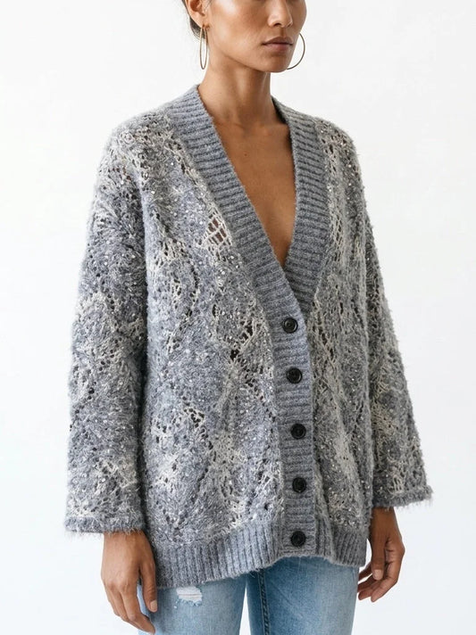 Floral Open Knit Mohair Cardigan with Sequin Details - Sweaters & Knitwear