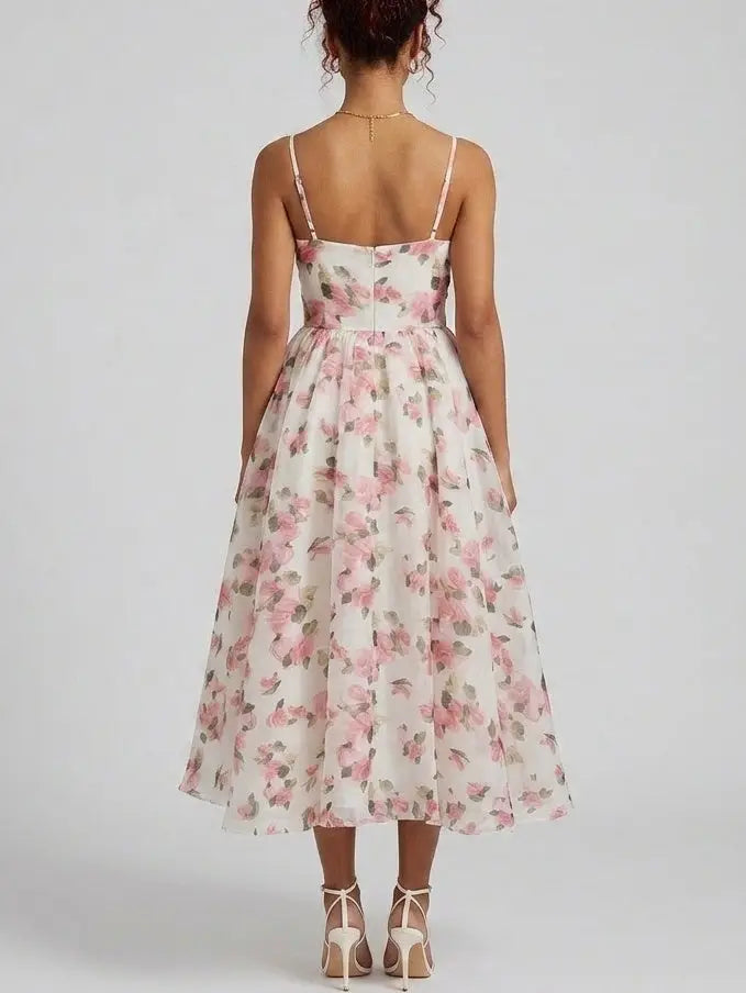Floral Organza Fit and Flare Midi Dress - Dresses