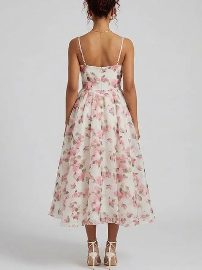 Floral Organza Fit and Flare Midi Dress - Dresses
