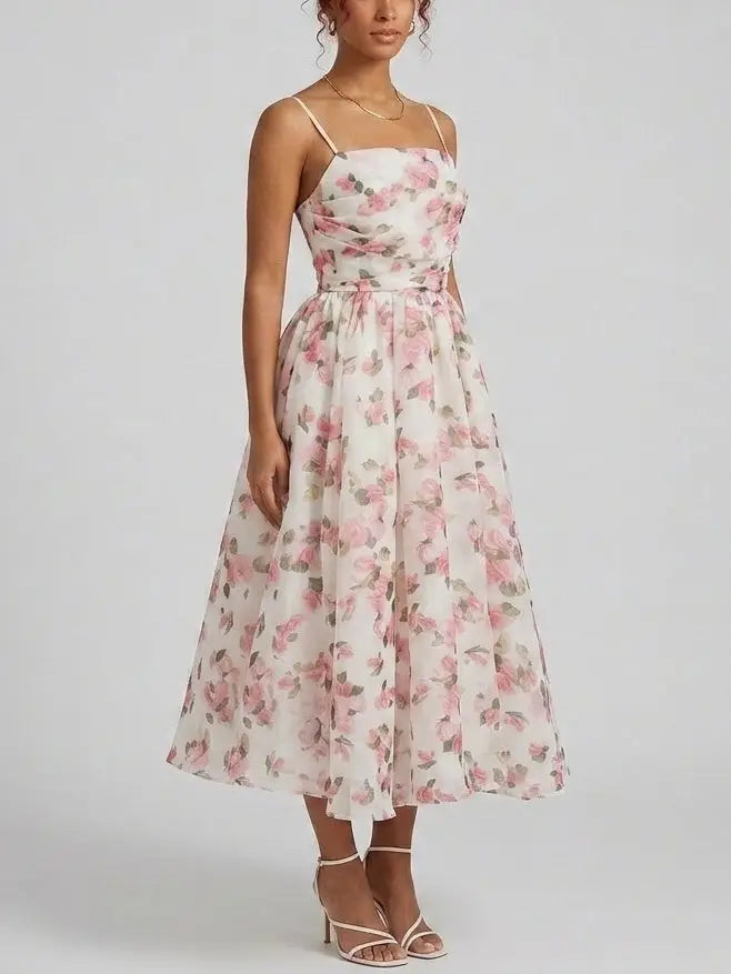 Floral Organza Fit and Flare Midi Dress - Dresses