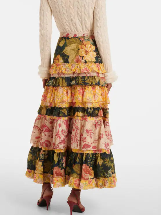 Floral Patchwork Tiered Cotton Maxi Skirt - Skirts