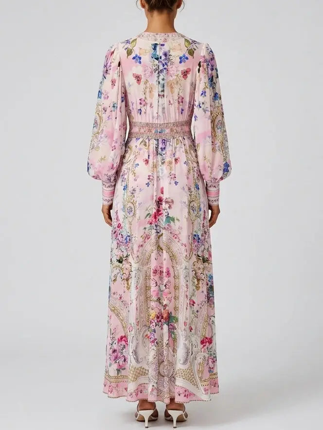 Floral Pink Silk Maxi Dress with Empire Waist - Dresses
