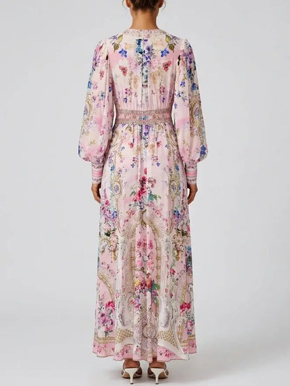 Floral Pink Silk Maxi Dress with Empire Waist - Dresses