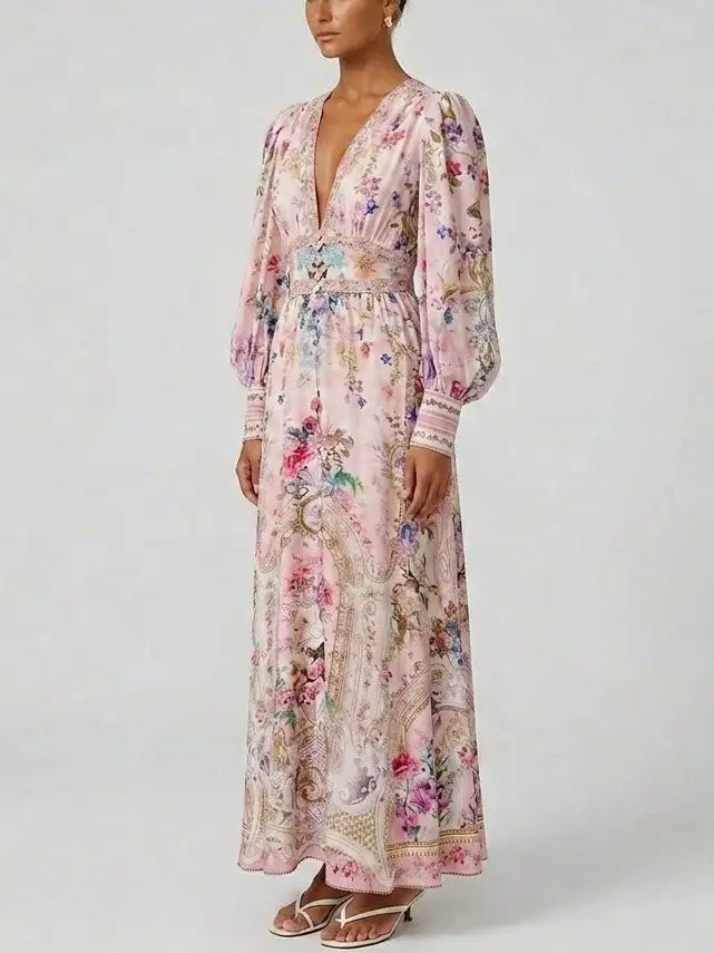 Floral Pink Silk Maxi Dress with Empire Waist - Dresses