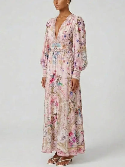 Floral Pink Silk Maxi Dress with Empire Waist - Dresses