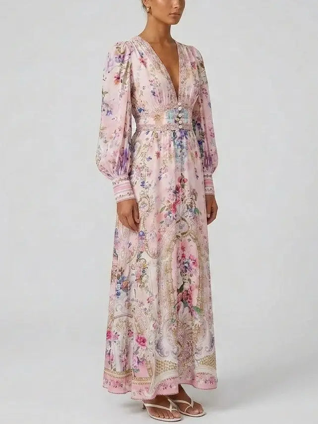 Floral Pink Silk Maxi Dress with Empire Waist - Dresses