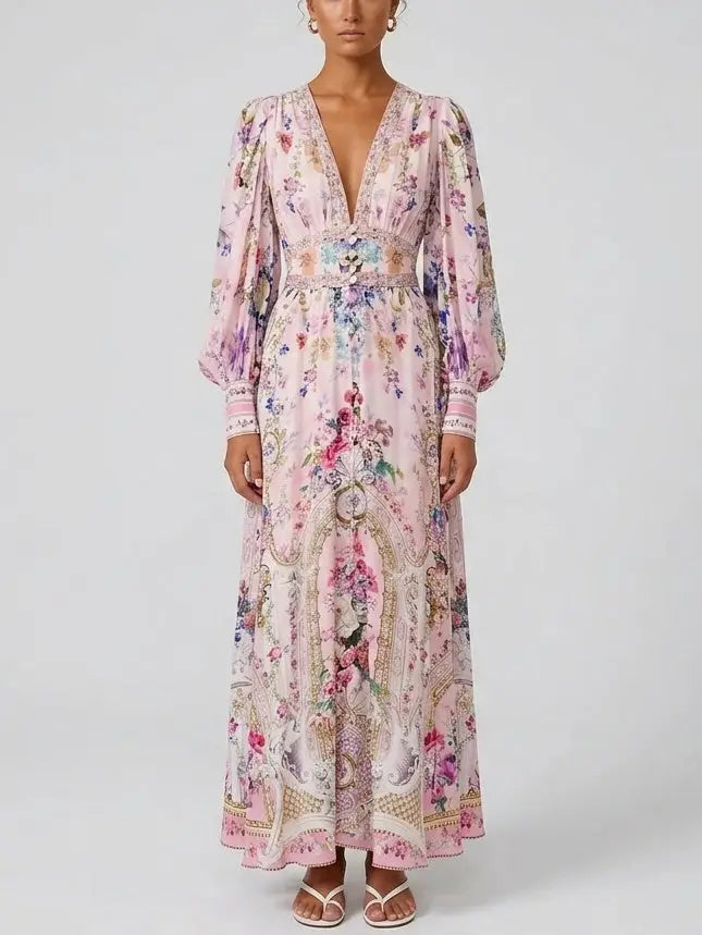 Floral Pink Silk Maxi Dress with Empire Waist - Dresses