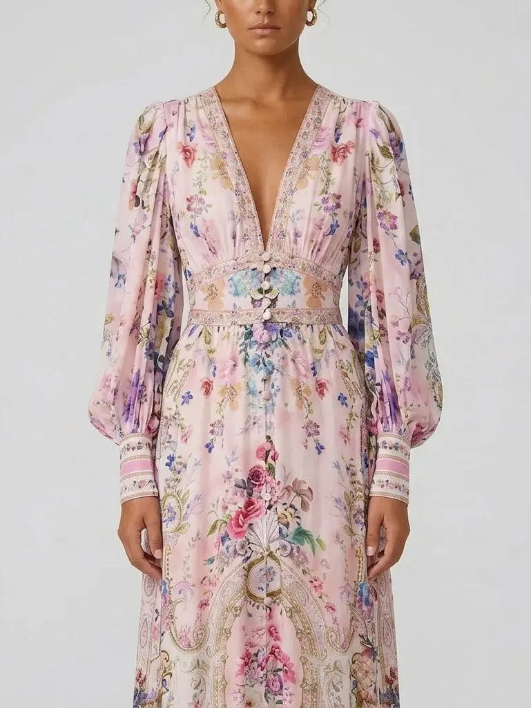 Floral Pink Silk Maxi Dress with Empire Waist - Dresses