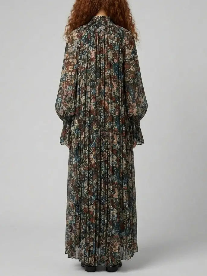 Floral Pleated Loose Maxi Dress with Smocking - Dresses