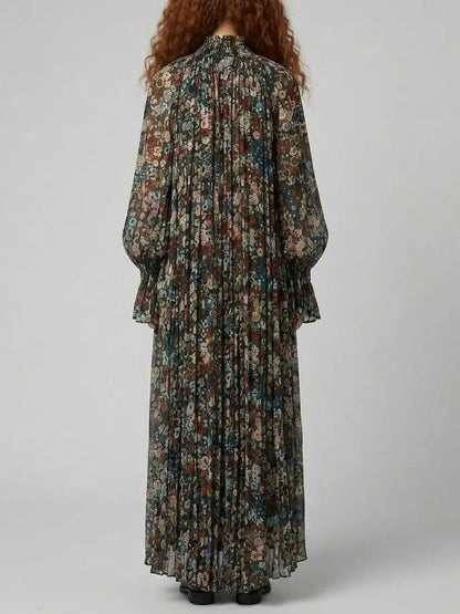 Floral Pleated Loose Maxi Dress with Smocking - Dresses