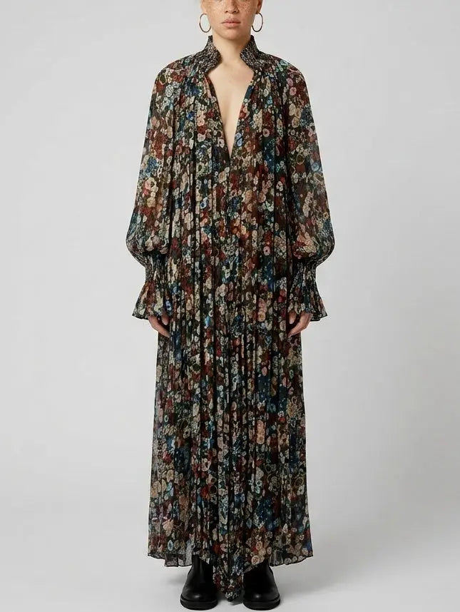 Floral Pleated Loose Maxi Dress with Smocking - Dresses