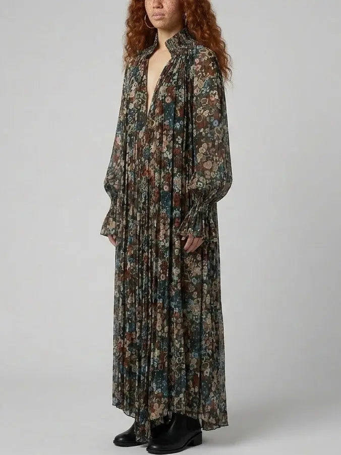 Floral Pleated Loose Maxi Dress with Smocking - Dresses