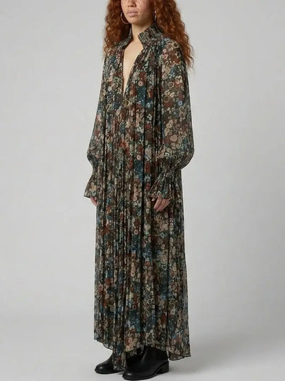 Floral Pleated Loose Maxi Dress with Smocking - Dresses