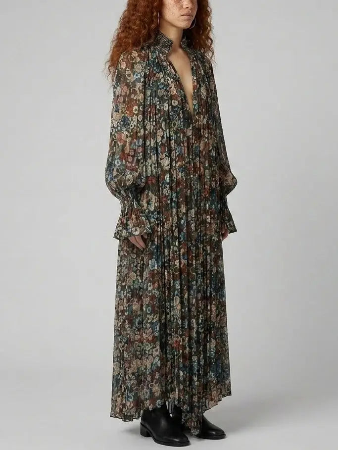 Floral Pleated Loose Maxi Dress with Smocking - Dresses