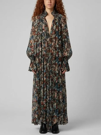 Floral Pleated Loose Maxi Dress with Smocking - Dresses
