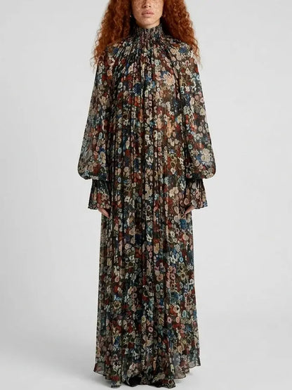 Floral Pleated Loose Maxi Dress with Smocking - Dresses