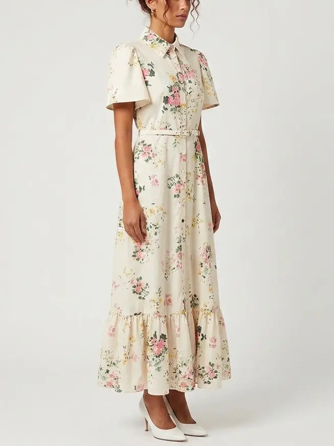 Floral Print Belted Cotton Shirt Maxi Dress - Dresses