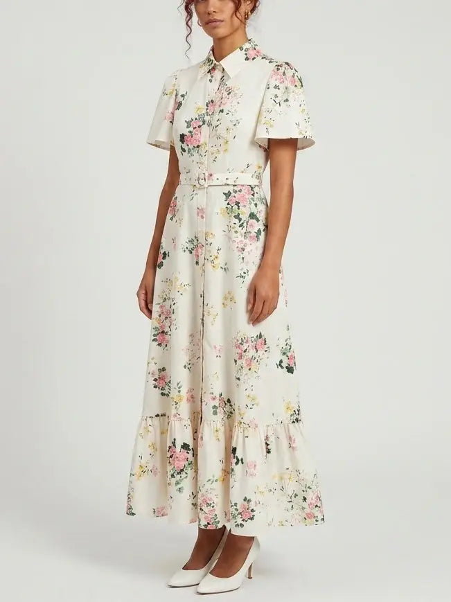 Floral Print Belted Cotton Shirt Maxi Dress - Dresses