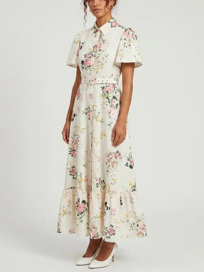 Floral Print Belted Cotton Shirt Maxi Dress - Dresses