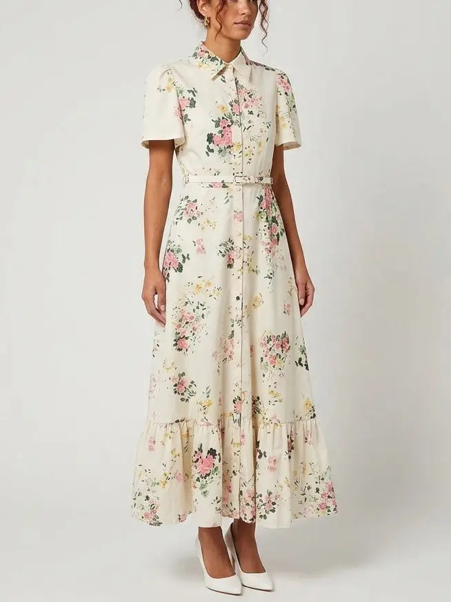 Floral Print Belted Cotton Shirt Maxi Dress - Dresses