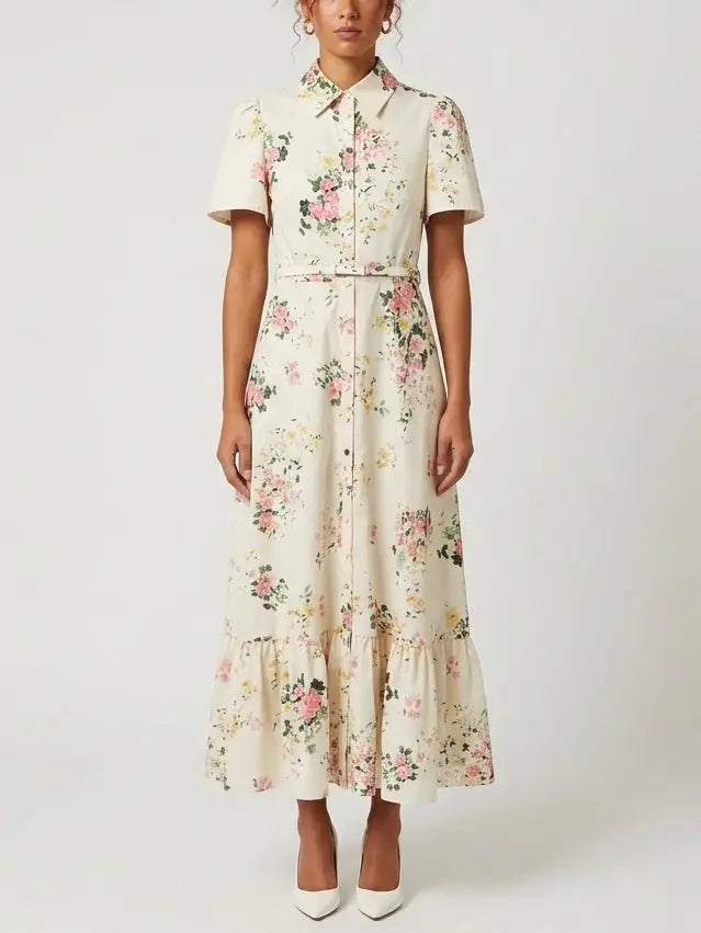 Floral Print Belted Cotton Shirt Maxi Dress - Dresses