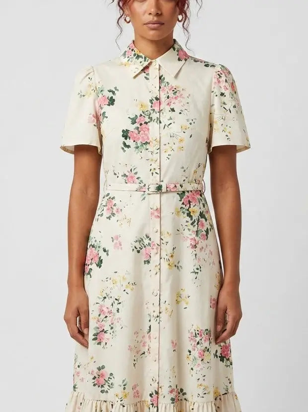 Floral Print Belted Cotton Shirt Maxi Dress - Dresses