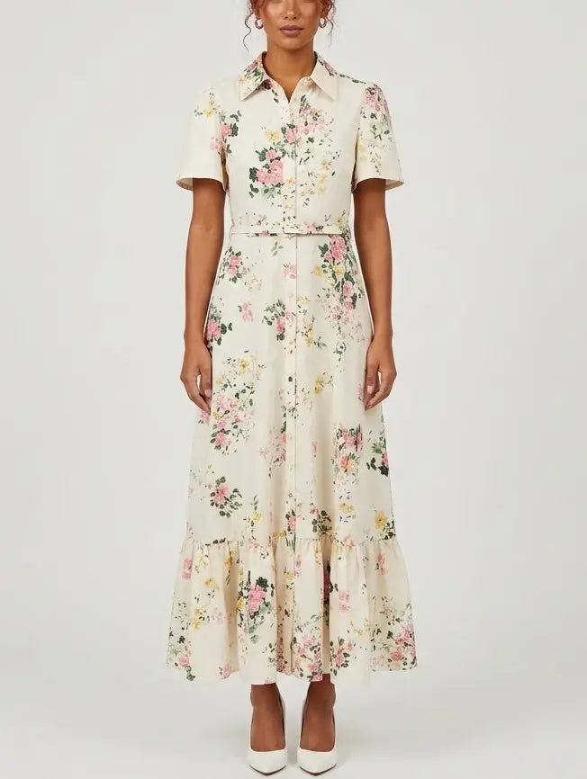 Floral Print Belted Cotton Shirt Maxi Dress - Dresses