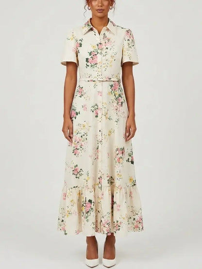 Floral Print Belted Cotton Shirt Maxi Dress - Dresses