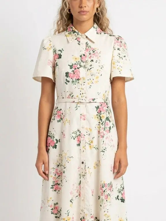 Floral Print Belted Cotton Shirt Maxi Dress - Dresses